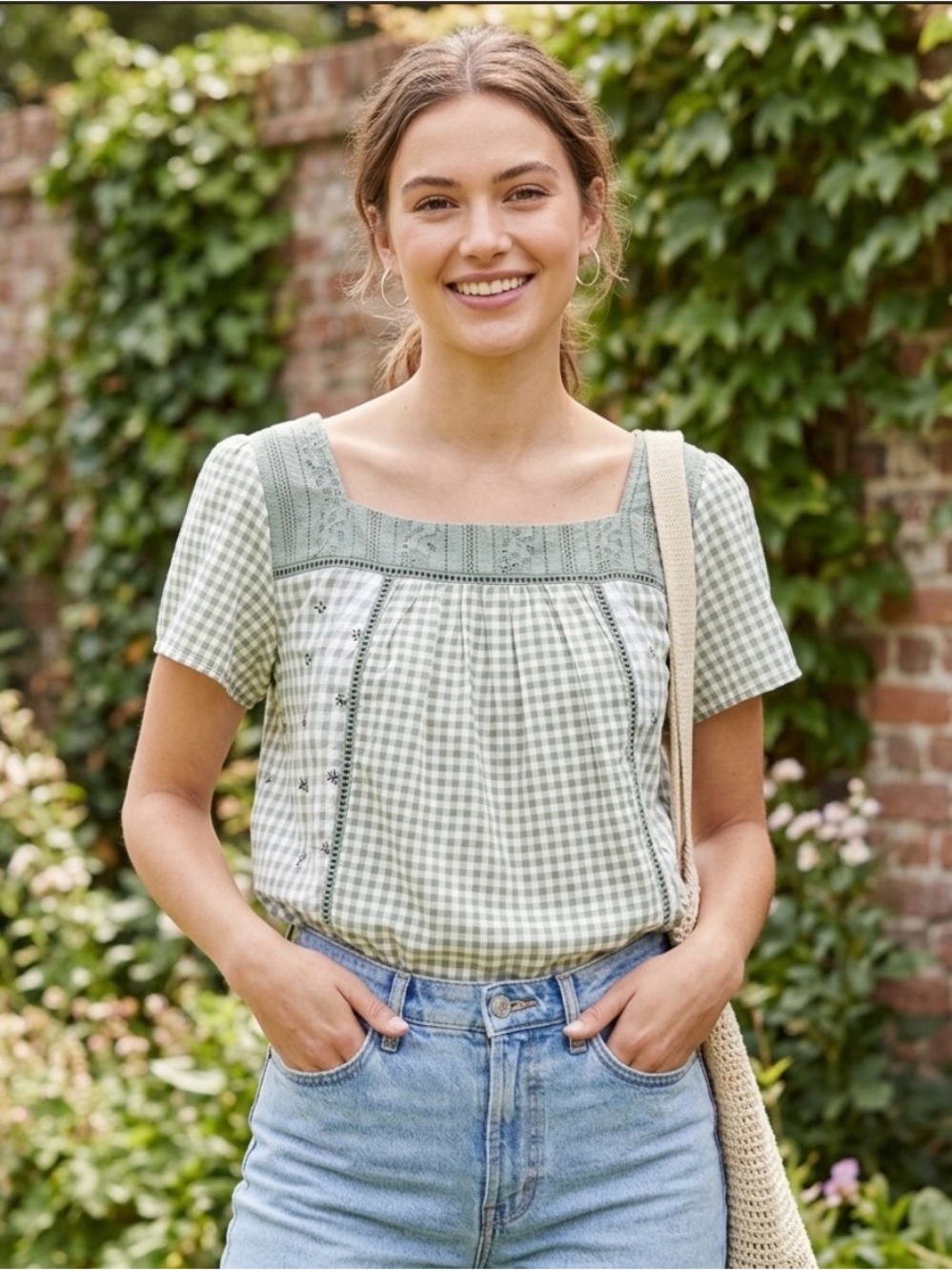 SO Goods For Life Top XL NWT Sage Gingham Plaid Floral Crochet Prairie Peasant